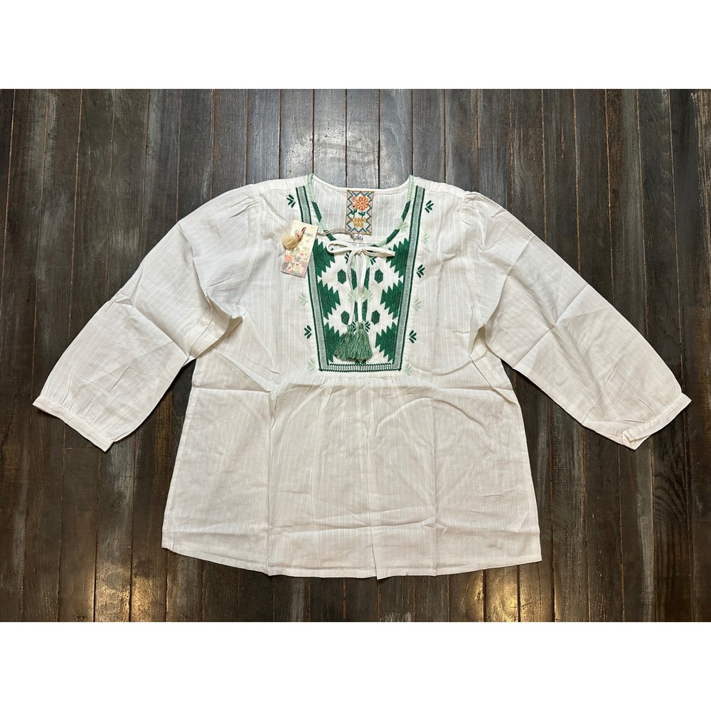 Johnny Was Solange Prairie Blouse White Green Embroidered Tassel Top